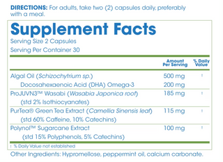 ProLon L-Pill Supplement Facts panel with ingredient amounts per two-capsule serving