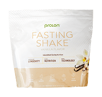 ProLon promotional graphic featuring the Fasting Shake nutrition powder