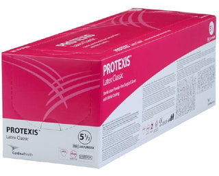 Box of Protexis™ 808082_CS Surgical Glove Latex Classic Size 8 Sterile Standard Length Smooth Cream on a white background