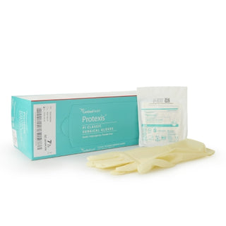Box of Protexis™ PI Classic 807215_BX, Surgical Glove, Size 7.5, Polyisoprene, Standard Cuff, Ivory with a single glove on a white background