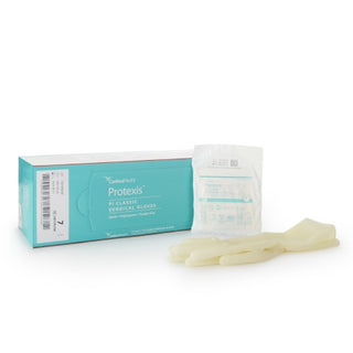 Box of Protexis™ PI Classic 807440_BX, Surgical Glove, Size 7, Polyisoprene, Standard Cuff, Ivory with a packet of gloves on a white background