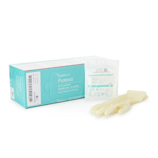 Box of Protexis™ PI Classic 807443_BX, Surgical Glove, Size 6.5, Polyisoprene, Standard Cuff, Ivory with a single glove on a white background
