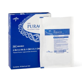 Puracol® 798519_CS Collagen Dressing  2 X 2 Inch Square packaging with blue and white design on a white background