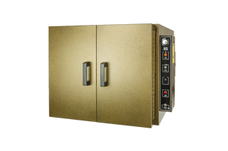 Gold-colored industrial QuincyLab21-250BenchOven with control panel on a white background