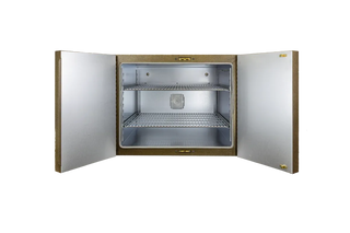 Stainless steel QuincyLab21-250BenchOven with open doors on a white background