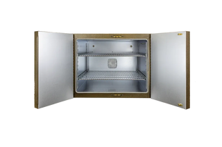 Stainless steel QuincyLab21-250ERBenchOven with open doors on a white background