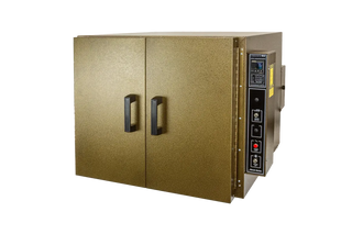 Gold-colored industrial QuincyLab21-250ERBenchOven with digital control panel on a white background