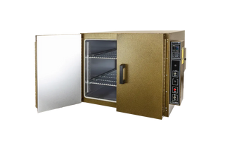 Gold-colored industrial QuincyLab21-250ERBenchOven with open door on a white background