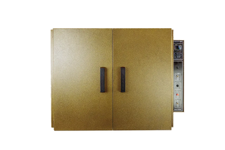 Gold industrial QuincyLab21-250ERBenchOven with control panel on a white background