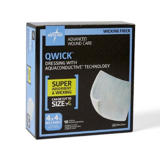 Box of Qwick™ 1062062_BX Super Absorbent Dressing  4 X 4-1/2 Inch Square with AquaConductive technology on a white background