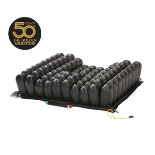 Black ROHO® Contour Select® Wheelchair Cushion, Standard Cover with Roho logo on a white background