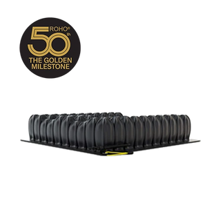 Black ROHO® Enhancer Wheelchair Cushion, Standard Cover with a 50th anniversary logo on a white background