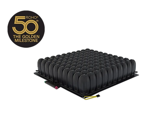 Black ROHO® Quadtro Select® HIGH PROFILE® Wheelchair Cushion with ROHO logo on a white background