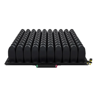 Black ROHO® Quadtro Select® LOW PROFILE® Wheelchair Cushion with valve on a white background