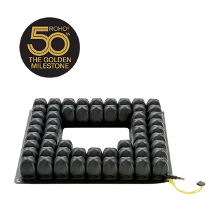 Black ROHO® Shower/Commode Cushion with ROHO logo on a white background