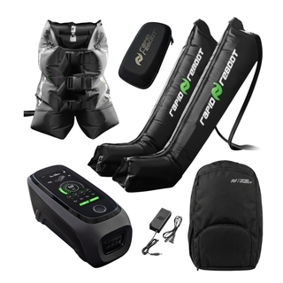 Rapid Reboot REGEN Boots and Hips Package contents with control unit, boots, hip attachment, charger and backpack