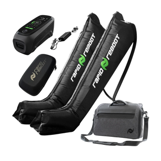 Rapid Reboot REGEN Boots Package contents laid out with control unit, boots, charger and carry bag