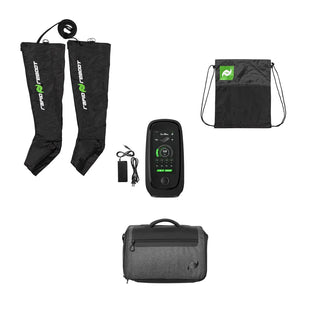 Rapid Reboot REGEN boots system shown with control unit, drawstring bag and travel case