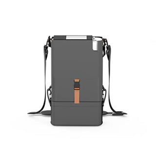 Gray RhythmHealthcareP2-S4PortableOxygenConcentrator2 with a brown strap on a white background