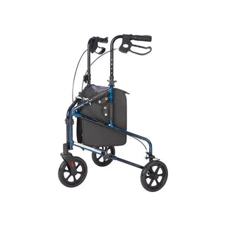 Blue and black Rhythm Healthcare 729XX Rally Lite - Aluminum 3 Wheel Walker  with a bag on a white background