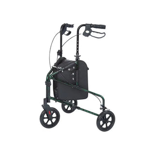 Black and green  Rhythm Healthcare 729XX Rally Lite - Aluminum 3 Wheel Walker with four wheels on a white background