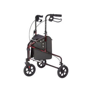 Black and red Rhythm Healthcare 729XX Rally Lite - Aluminum 3 Wheel Walker  with a bag on a white background