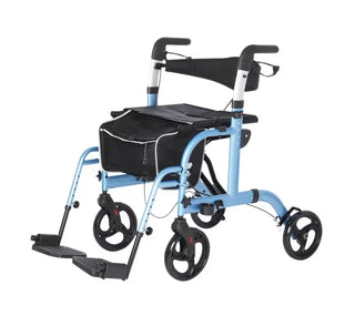 Blue Rhythm Healthcare 800XX Translator - Rollator and Transport Chair with black seat and bag on a white background