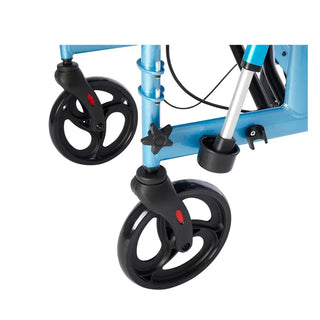 Close-up of a blue Rhythm Healthcare 800XX Translator - Rollator and Transport Chair with black wheels on a white background