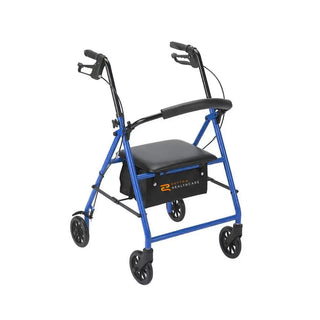 Blue rollator with a black seat on a white background