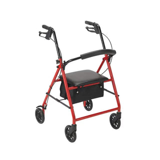 Red rollator with black seat on a white background