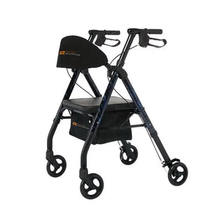 Black  and blue Rhythm Healthcare 807UXX Royal Universal - Aluminum 4 Wheel Rollatorwith wheels on a white background