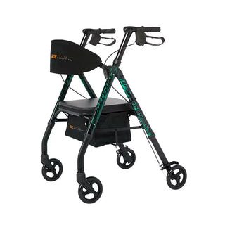 Black and green Rhythm Healthcare 807UXX Royal Universal - Aluminum 4 Wheel Rollator with a seat on a white background