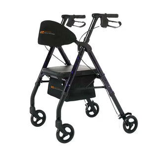 Black and purple Rhythm Healthcare 807UXX Royal Universal - Aluminum 4 Wheel Rollator with seat on a white background