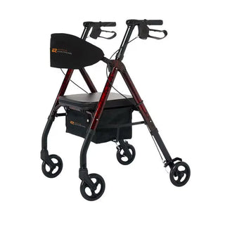 Black and red Rhythm Healthcare 807UXX Royal Universal - Aluminum 4 Wheel Rollator with seat on a white background