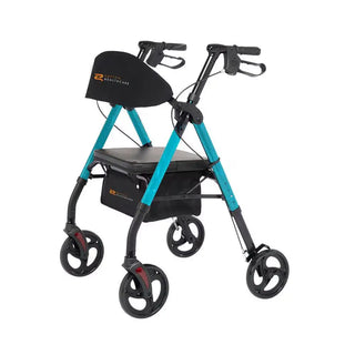 Blue and black Rhythm Healthcare 812UXX Royal Deluxe Universal - Aluminum 4 Wheel Rollator with a seat on a white background