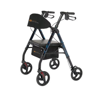 Black and blue Rhythm Healthcare 812UXX Royal Deluxe Universal - Aluminum 4 Wheel Rollator with seat on a white background