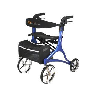 Blue and black Rhythm Healthcare 925 Crescendo Rollator Red with a bag on a white background