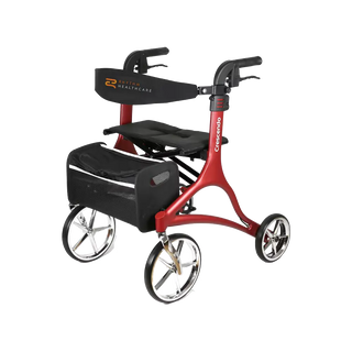 Red and black Rhythm Healthcare 925 Crescendo Rollator Red with a bag on a white background