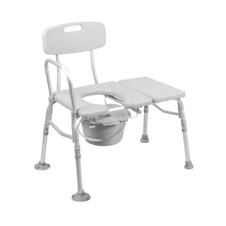 WhiteRhythm Healthcare B3300CWH  Plastic Transfer Bench - Commode Combination with adjustable tray on a white background