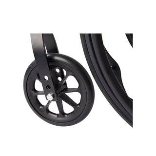 Close-up of black Rhythm Healthcare M170-3-XX  Commando K4 Wheelchair wheels on a white background