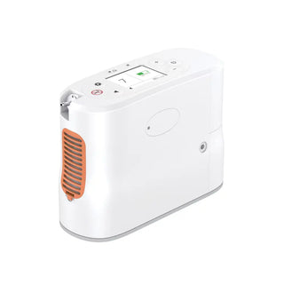 White Rhythm Healthcare P2-E7  Portable Oxygen Concentrator with an orange vent on a white background