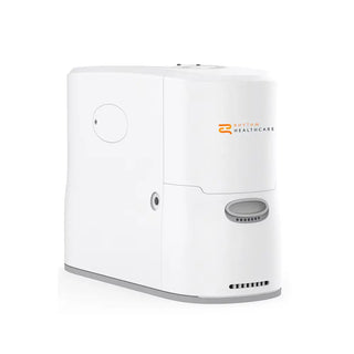 White cylindrical Rhythm Healthcare  P2 Portable Oxygen Concentrator with 'Rhythm Healthcare' branding on a white background