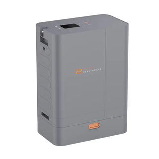 Gray Rhythm Healthcare TOC3 Transportable Oxygen Concentrator with 'Healthcare' branding on a white background