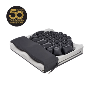 Roho Hybrid Elite Dual Compartment Wheelchair Cushion, Standard Cover with textured surface and cover, featuring Roho logo on a white background