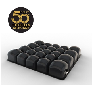 Black Roho Mosaic Wheelchair Cushion, Standard Cover with multiple compartments on a white background, featuring Roho's 50th anniversary logo.