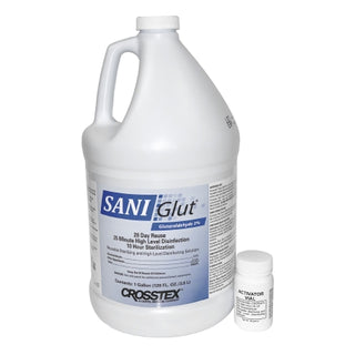 Gallon container of SANI Glut™ 977969_CS  Glutaraldehyde Disinfectant Activation Required Liquid  and activator tablet on a white background