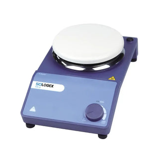 Blue hot plate with white ceramic plate on a white background, featuring the Scilogex brand.