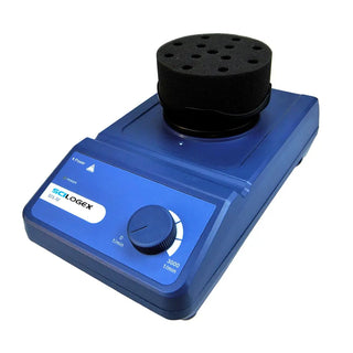 Blue scientific mixer with black top on a white background
