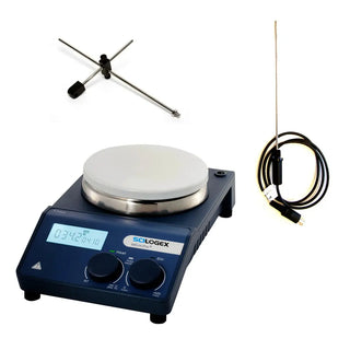 Scilogex hot plate with magnetic stir bar, thermometer, and cable on a white background