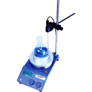 Blue laboratory hot plate with a flask on a white background